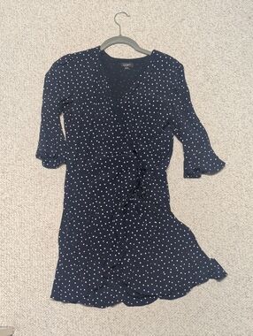 LOFT Navy Polka Dot Wrap Skirted Romper with Ruffle Hem